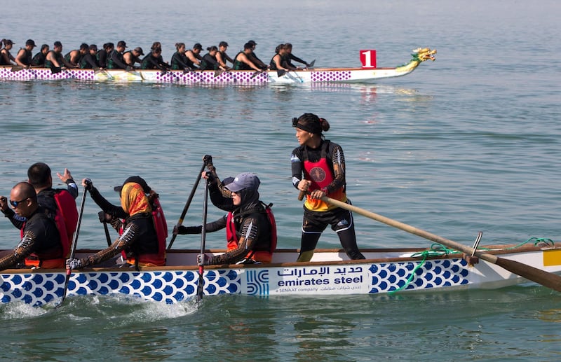 Abu Dhabi, United Arab Emirates - Teams competing for the race at the Dragon Boat Festival Abu Dhabi.  Leslie Pableo for The National