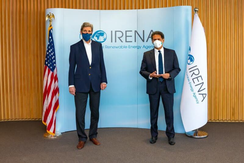 John Kerry meets Francesco La Camera, director general of International Renewable Energy Agency, which has its global headquarters in Abu Dhabi. The National