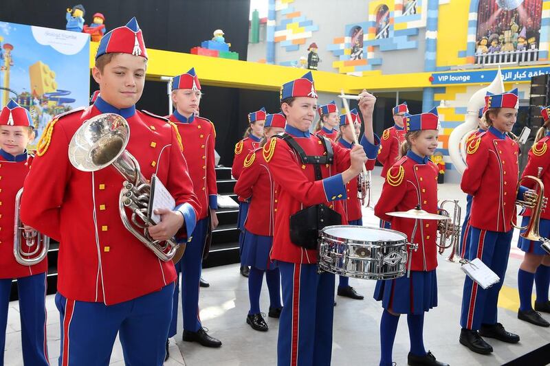 A band performs during the opening ceremony of Legoland Dubai. Pawan Singh / The National