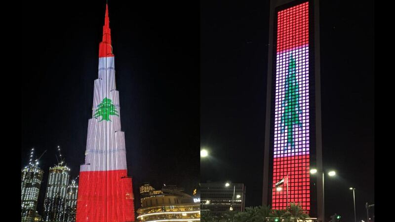 The 828-metre Burj Khalifa in Dubai, and the 342-metre Adnoc headquarters building in Abu Dhabi both lit up with the Lebanese flag to mark the country's Independence Day on Friday. Supplied/Wam