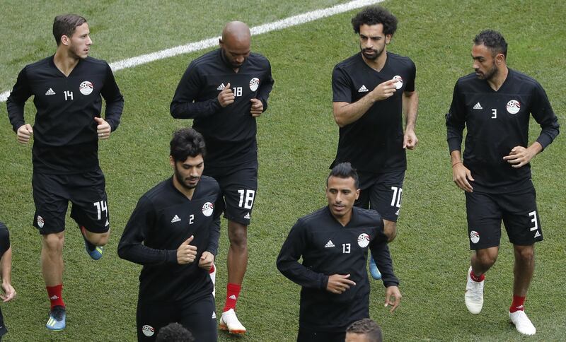 Egypt players Ramadan Sobhi, left, Shikabala, second left, Mohamed Salah, second right, and Ahmed Elmohamady, right, train at the Volgograd Arena in Volgograd on June 24, on the eve of their World Cup Group A match against Saudi Arabia.. EPA