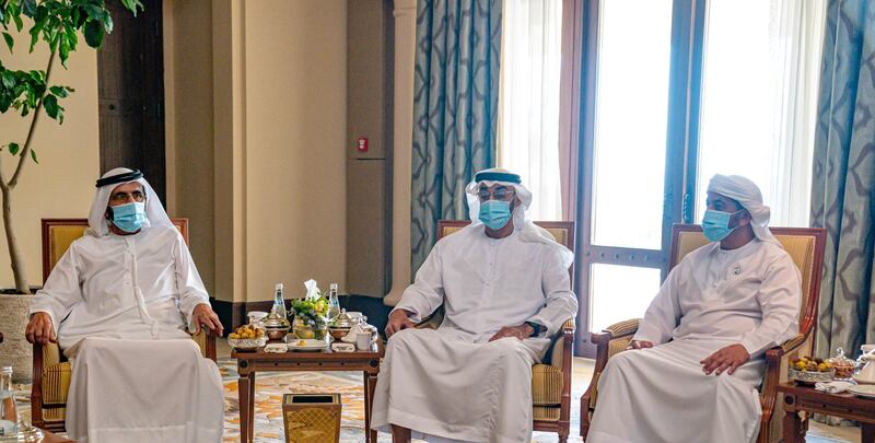 ABU DHABI, UNITED ARAB EMIRATES - July 10, 2020: HH Sheikh Mohamed bin Zayed Al Nahyan, Crown Prince of Abu Dhabi and Deputy Supreme Commander of the UAE Armed Forces (C), meets with HH Sheikh Mohamed bin Rashid Al Maktoum, Vice-President, Prime Minister of the UAE, Ruler of Dubai and Minister of Defence (L). Seen with HH Sheikh Hamdan bin Zayed Al Nahyan, Ruler’s Representative in Al Dhafra Region (R).

( Hamad Al Kaabi  / Ministry of Presidential Affairs )
---