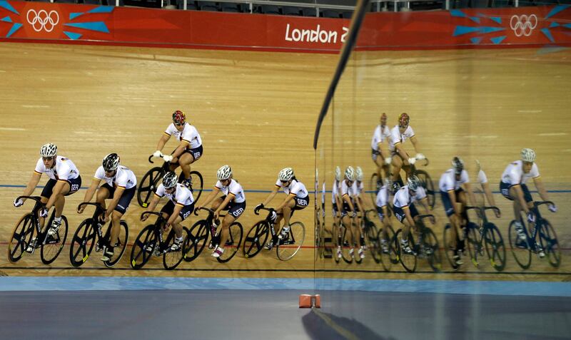 The German cycling team trains for the 2012 Summer Olympics, Wednesday, July 25, 2012, in London. The opening ceremonies for the 2012 London Olympics will be held Friday, July 27. (AP Photo/Sergey Ponomarev) *** Local Caption ***  London Olympics Cycling.JPEG-0aab7.jpg