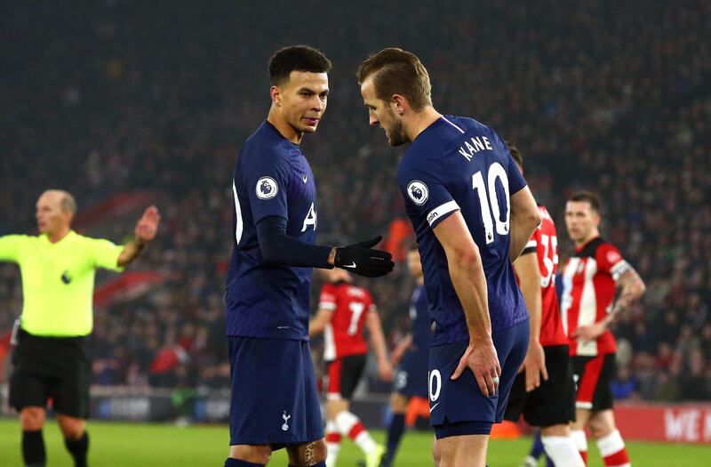 Tottenham Hotspur's Harry Kane indicates to his bench that he has hurt his hamstring during the Premier League match at St Mary's Stadium, Southampton. PA Photo. Picture date: Wednesday January 1, 2020. See PA story SOCCER Southampton. Photo credit should read: Mark Kerton/PA Wire. RESTRICTIONS: EDITORIAL USE ONLY No use with unauthorised audio, video, data, fixture lists, club/league logos or "live" services. Online in-match use limited to 120 images, no video emulation. No use in betting, games or single club/league/player publications.