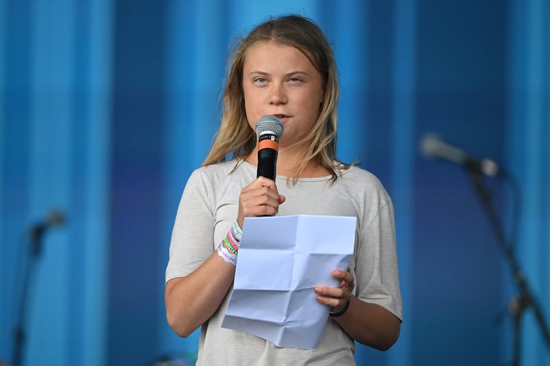 Swedish climate activist Greta Thunberg makes a speech on the Pyramid Stage stage during the Glastonbury Festival. Getty