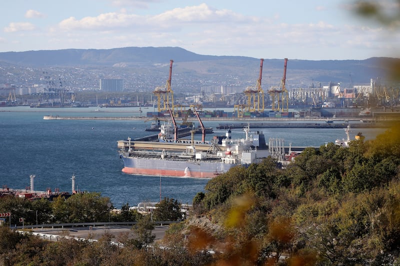 An oil tanker at the Sheskharis complex in Novorossiysk, one of the largest oil facilities in southern Russia. The EU is close to agreeing on a price cap on Russian crude. AP