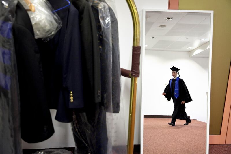 Abu Dhabi, United Arab Emirates, June 11, 2013: 
Masdar's class of 2013 master's graduates line up as they wait to take the stage to receive their diplomas at their graduation ceremony on Wednesday evening, June 12, 2013 at the Emirates Palace in Abu Dhabi.
Silvia Razgova / The National

 *** Local Caption ***  sr-130612-masdargrad08.jpg