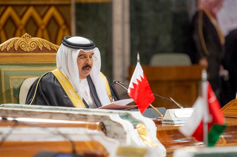 A handout picture provided by the Saudi Royal Palace shows Bahrain's King Hamad bin Isa Al Khalifa attending the Gulf Cooperation Council (GCC) summit in the Saudi capital Riyadh on December 14, 2021. Saudi Royal Palace /  AFP Photo