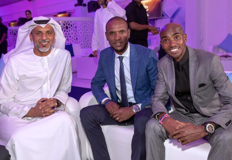 Abu Dhabi, United Arab Emirates, May 22, 2019.    Suhur with Legends at Sky News Arabia HQ.  (L-R)  Talal Al Hashemi, U.A.E. Special Olympics Director; Eric Abidal , football player; Mo Farah, British Olympic gold medallist. 
Victor Besa/The National
Section:   SP
Reporter:  Amith Passela