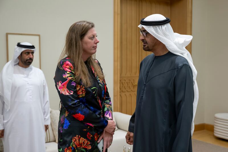 President Sheikh Mohamed receives Erin Gore, CEO of World Central Kitchen, at Qasr Al Watan. All photos: Hamad Al Kaabi / UAE Presidential Court 