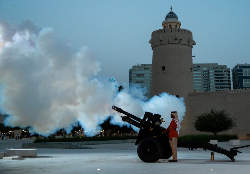 A cannon is fired at Abu Dhabi’s oldest building, Qasr Al Hosn, to signal prayers and the breaking of the day’s fast. Victor Besa / The National