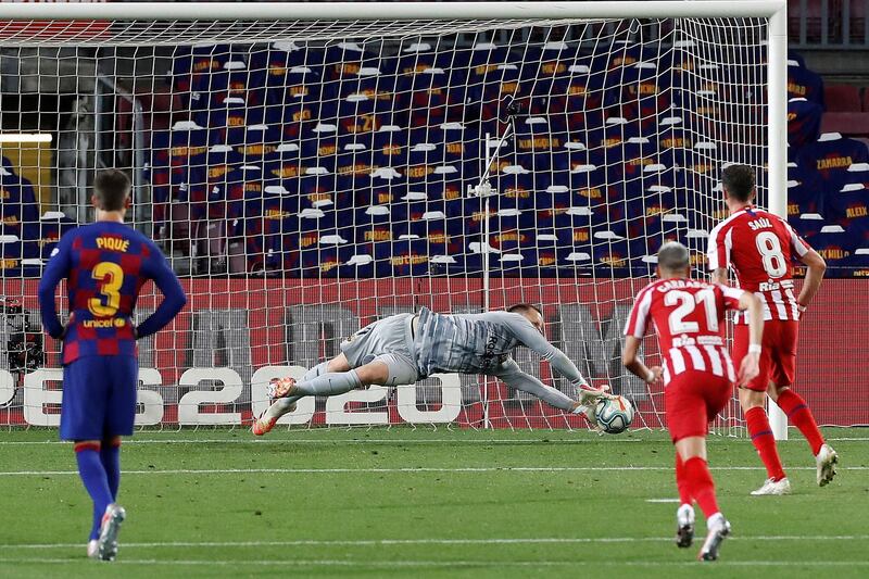 Atletico's Saul Niguez scores the  second equaliser. EPA