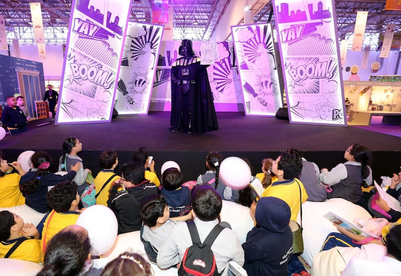 Sharjah, United Arab Emirates - April 18, 2019: Darth Vader makes an appearance in the comic book section at Sharjah children's reading festival. Thursday the 18th of April 2019. Expo Centre, Sharjah. Chris Whiteoak / The National