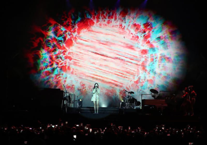 Abu Dhabi, United Arab Emirates - November 28th, 2019: Lana Del Rey performs at the F1 concert. Saturday, November 30th, 2019. Du Arena, Abu Dhabi. Chris Whiteoak / The National