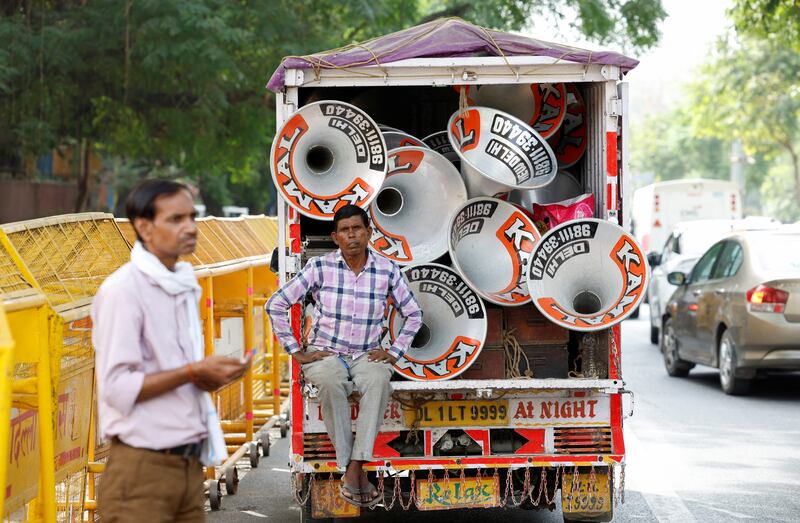 A lorry carries speakers that will be set up at the BJP's headquarters on the day of the election results are announced. Reuters