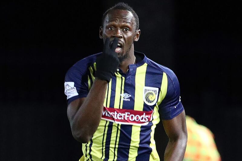 Usain Bolt after coming on as a substitute for L-League side Central Coast Mariners in a pre-season friendly on Friday. AFP