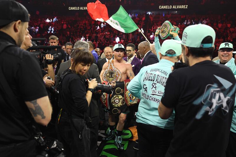 Canelo Alvarez celebrates his victory over Jaime Munguia in Las Vegas. AFP