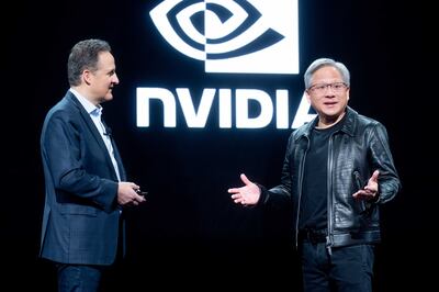 Adam Selipsky, head of AWS, and Jensen Huang, chief executive of Nvidia, announces a log-term partnership. Photo: AWS 