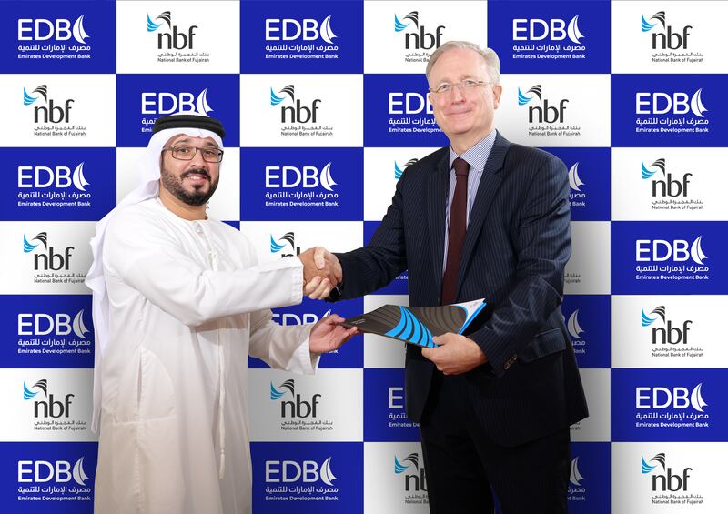 EDB chief executive Ahmed Al Naqbi and NBF chief executive Vince Cook after signing a preliminary agreement to offer credit guarantee and co-lending for SMEs in the UAE. Photo: EDB