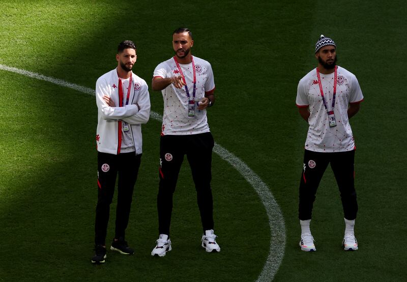 Tunisia players Mouez Hassen, Nader Ghandri and Aissa Laidouni prepare for their Fifa World Cup Group D game with Australia by walking the pitch at  Al Janoub Stadium in Al Wakrah, Qatar. Reuters