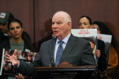 Senator Ben Cardin holds a press conference with the families of American and Israeli hostages abducted by Hamas earlier this month, Reuters