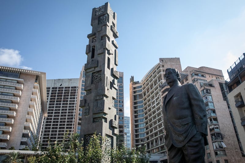 A statue of Lebanon's former prime minister Rafik Hariri is seen near the site of the 2005 bombing that killed him on August 18, 2020 in Beirut, Lebanon.  Getty