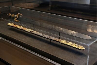 ABU DHABI , UNITED ARAB EMIRATES, September 16 – 2018 :- Sword of “Boabdil” , the last emir of the kingdom of Granada , Nasrid Kingdom , Spain , Toledo , 1475-1525 on display at the Louvre museum in Abu Dhabi. ( Pawan Singh / The National )  For Arts and Culture. Story by Rupert Hawksley 