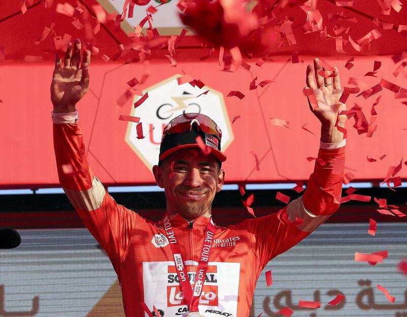 HATTA, February, 24, 2020: Caleb Ewan of Soudal Lotto team celebrates at the podium after winning the second stage  during the  UAE Tour 2020 race in Hatta  . Satish Kumar/ For the National/  Story Amit Pasella