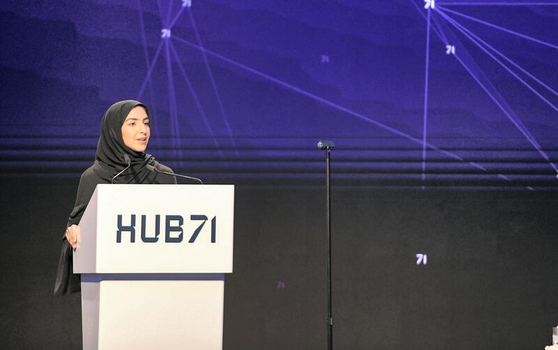 Abu Dhabi, United Arab Emirates - Elham Al Qasim, Acting CEO of Abu Dhabi Investment Office speaks at the launch of Hub71 at Rosewood Hotel, Al Maryah Island. Khushnum Bhandari for The National