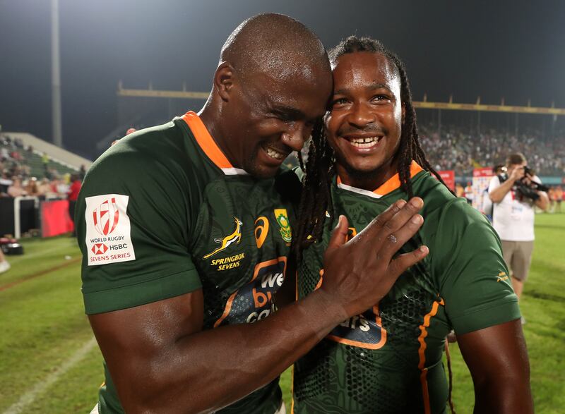 South Africa celebrate after beating Ireland at the  Dubai Sevens. 