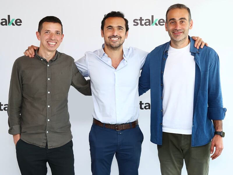 Stake's founders, from left, Ricardo Brizido, Manar Mahmassani and Rami Tabbara. Photo: Stake