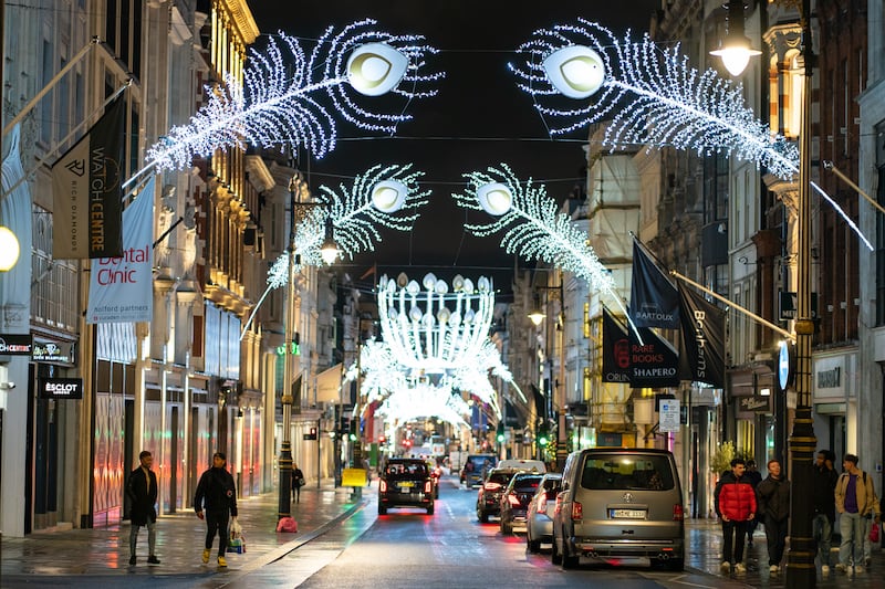 General view of Christmas lights on New Bond Street, in central London.