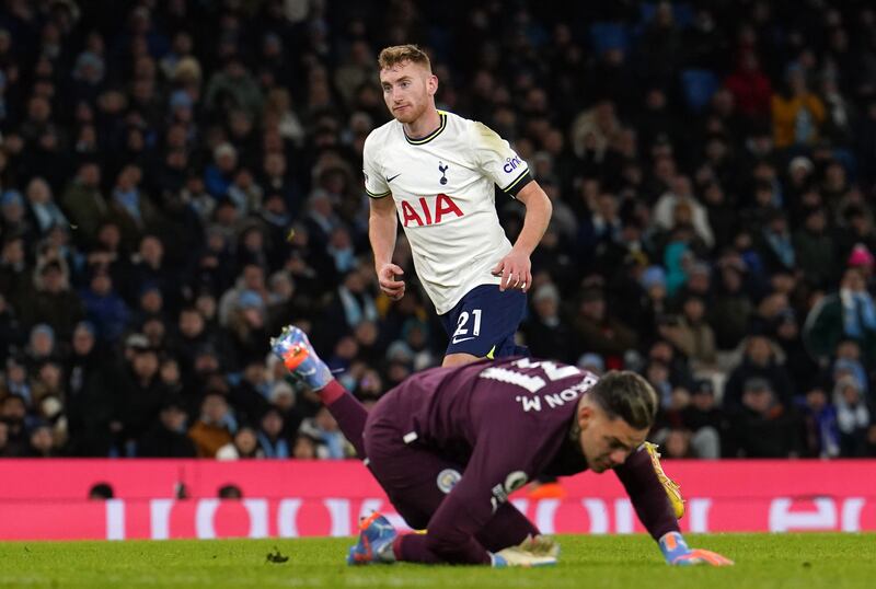 Dejan Kulusevski scores Tottenham's first goal past City goalkeeper Ederson. PA