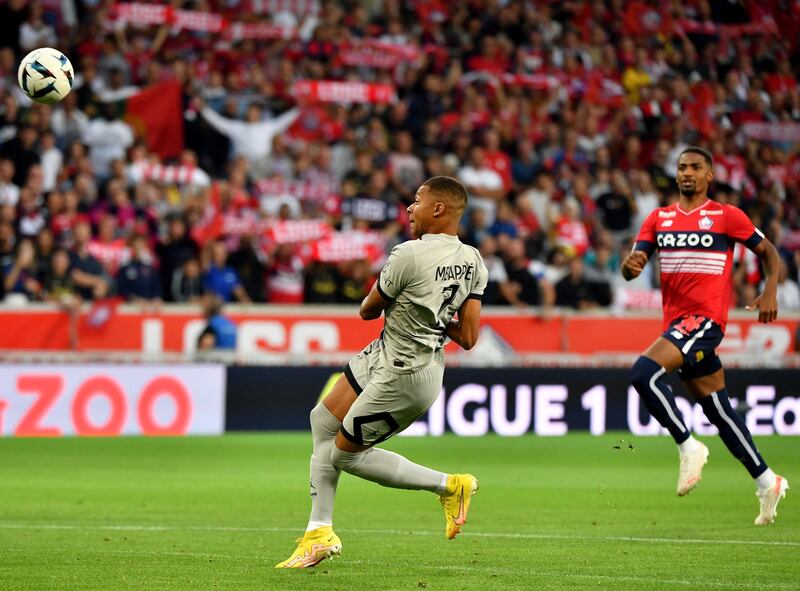 Paris Saint-Germain's French forward Kylian Mbappe scores his team's first goal in a 7-1 win against Lille. AFP