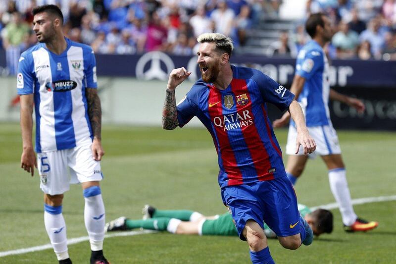 Lionel Messi celebrates a goal during Barcelona's win over Leganes on Saturday. Juan Carlos Hidalgo / EPA / September 17, 2016  