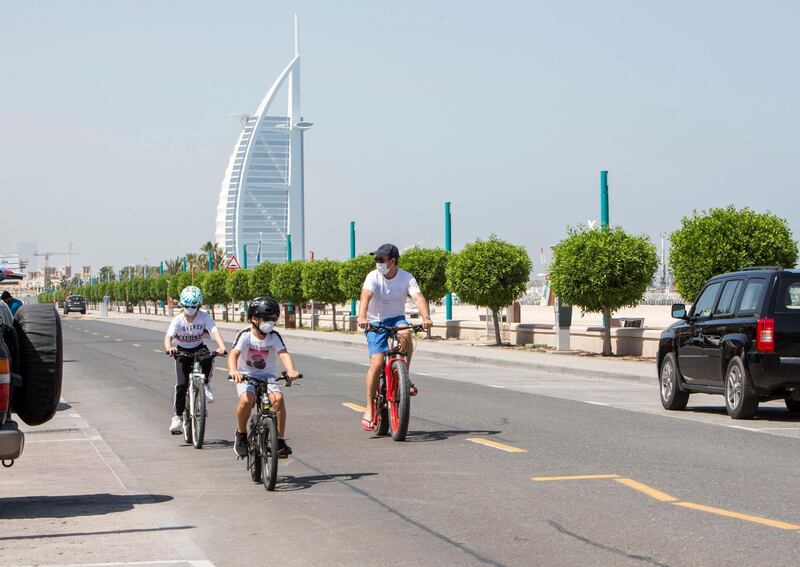 Dubai United Arab Emirates- People are out to get their exercise and sun after the 24hr quarantine is lifted in Dubai.  Leslie Pableo for The National