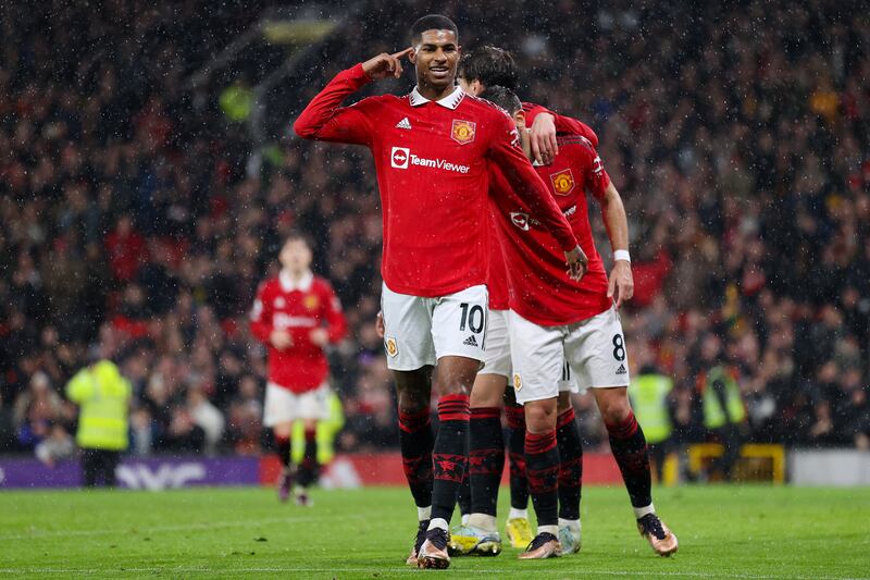 Marcus Rashford celebrates after scoring United's third goal. Getty