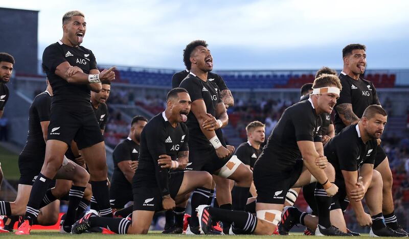 The New Zealand All Blacks perform the haka prior to the Tri-Nations match against Argentina in Newcastle, Australia, Saturday, November 28. The All Blacks won the match 38-0. AP