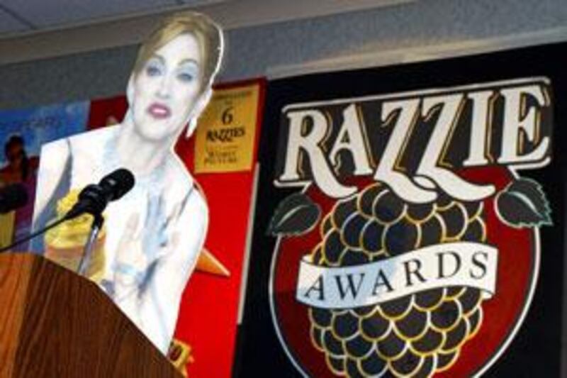 A cardboard cut-out of Madonna accepts the award for Worst Actress for her performance in Swept Away, at the 2003 Razzie Awards ceremony.