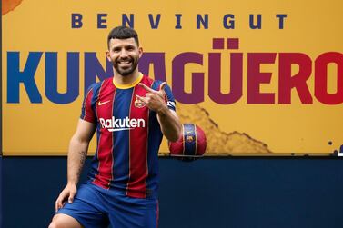 Soccer Football - FC Barcelona present new signing Sergio Aguero - Camp Nou, Barcelona, Spain - May 31, 2021 FC Barcelona's new signing Sergio Aguero poses during his presentation REUTERS/Albert Gea