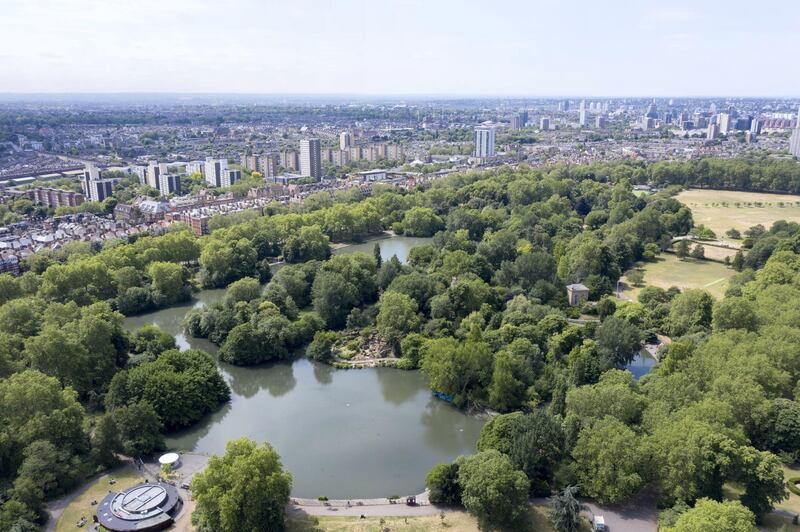 BATTERSEA,LONDON - JUNE 9:  (EDITORS NOTE: Full Flight Permissions) An aerial view by drone of Battersea Park on June 9,2020 in London. (Photo by Chris Gorman/ Getty Images)