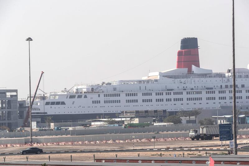 DUBAI, UNITED ARAB EMIRATES. 29 MARCH 2018. The Queen Elizabeth 2 at her moorings in Rashid Port. (Photo: Antonie Robertson/The National) Journalist: Johan Dennehy. Section: National.