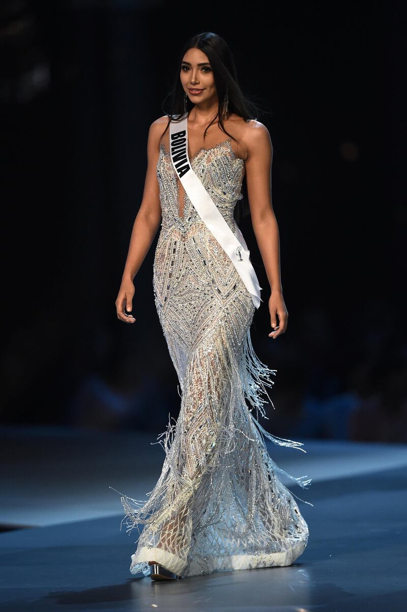 Joyce Prado of Bolivia competes in the evening gown competition during the 2018 Miss Universe pageant in Bangkok on December 13, 2018. (Photo by Lillian SUWANRUMPHA / AFP)