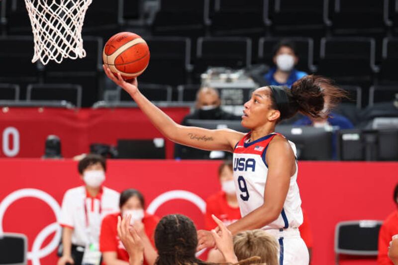 A'Ja Wilson of Team United States attempts a shot in the third quarter during the women's gold medal match against Team Japa.