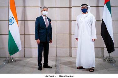 Sheikh Abdullah bin Zayed, the Minister of Foreign Affairs and International Co-operation, and India’s Minister of External Affairs Dr Subrahmanyam Jaishankar before their meeting in Abu Dhabi on Sunday. Wam