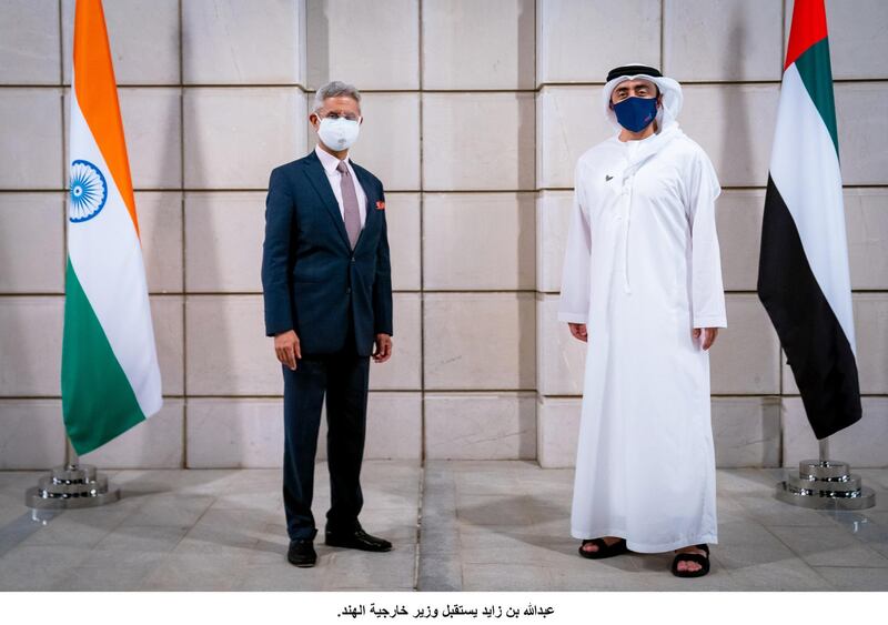 Sheikh Abdullah bin Zayed, the Minister of Foreign Affairs and International Co-operation, and India’s Minister of External Affairs Dr Subrahmanyam Jaishankar before their meeting in Abu Dhabi on Sunday. Wam