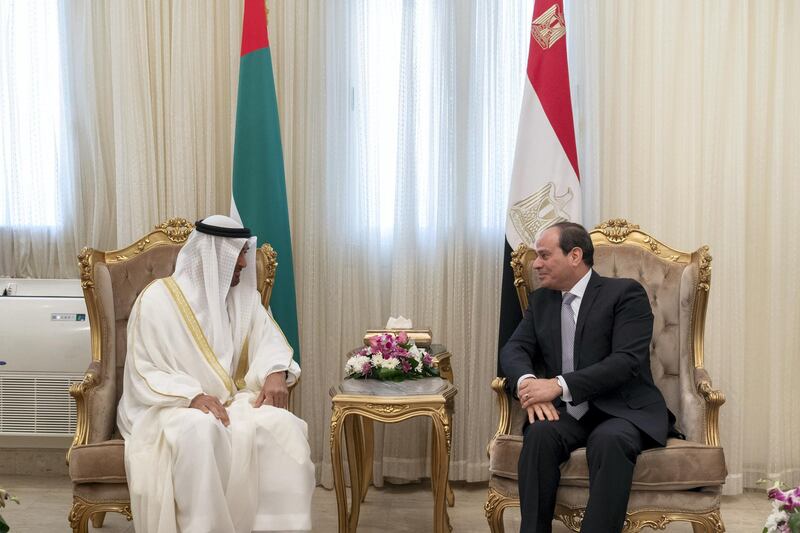 ALEXANDRIA, EGYPT - March 27, 2019: HH Sheikh Mohamed bin Zayed Al Nahyan, Crown Prince of Abu Dhabi and Deputy Supreme Commander of the UAE Armed Forces (L) is received by HE Abdel Fattah El Sisi President of Egypt (R), at Borg El Arab International Airport.

( Mohamed Al Hammadi / Ministry of Presidential Affairs )
---