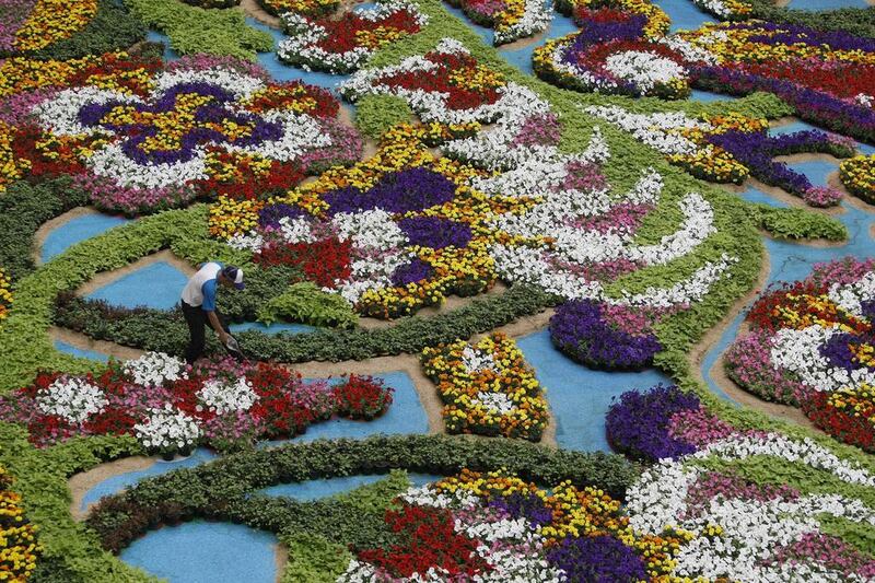 A man works on a flower arrangement during the Festival of the Flowers in Medellin, Colombia. Eduardo Noriega / EPA