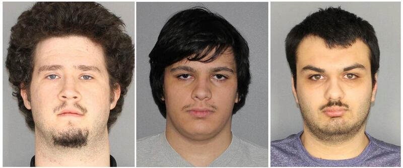 This combination of three Jan. 22, 2019, photographs released by the Greece Police Department in Greece, N.Y., shows Brian Colaneri, from left, Andrew Crysel and Vincent Vetromile. Authorities said that the three men were charged with plotting to attack a rural upstate New York Muslim community with explosives. The three Rochester, NY-area men are accused of plotting to attack Islamberg, a 60-acre Muslim enclave west of the Catskills, according to court papers. (Greece Police Department via AP)