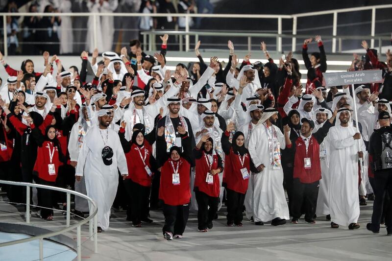 The United Arab Emirates Special Olympics team enters Sheikh Zayed Sports City stadium. Antonie Robertson/The National